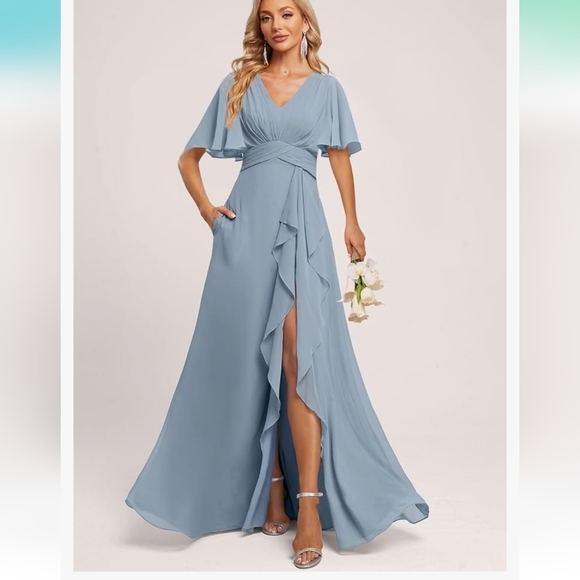 NWOT Deamify dusty blue flutter sleeve bridesmaid dress - Picture 6 of 7